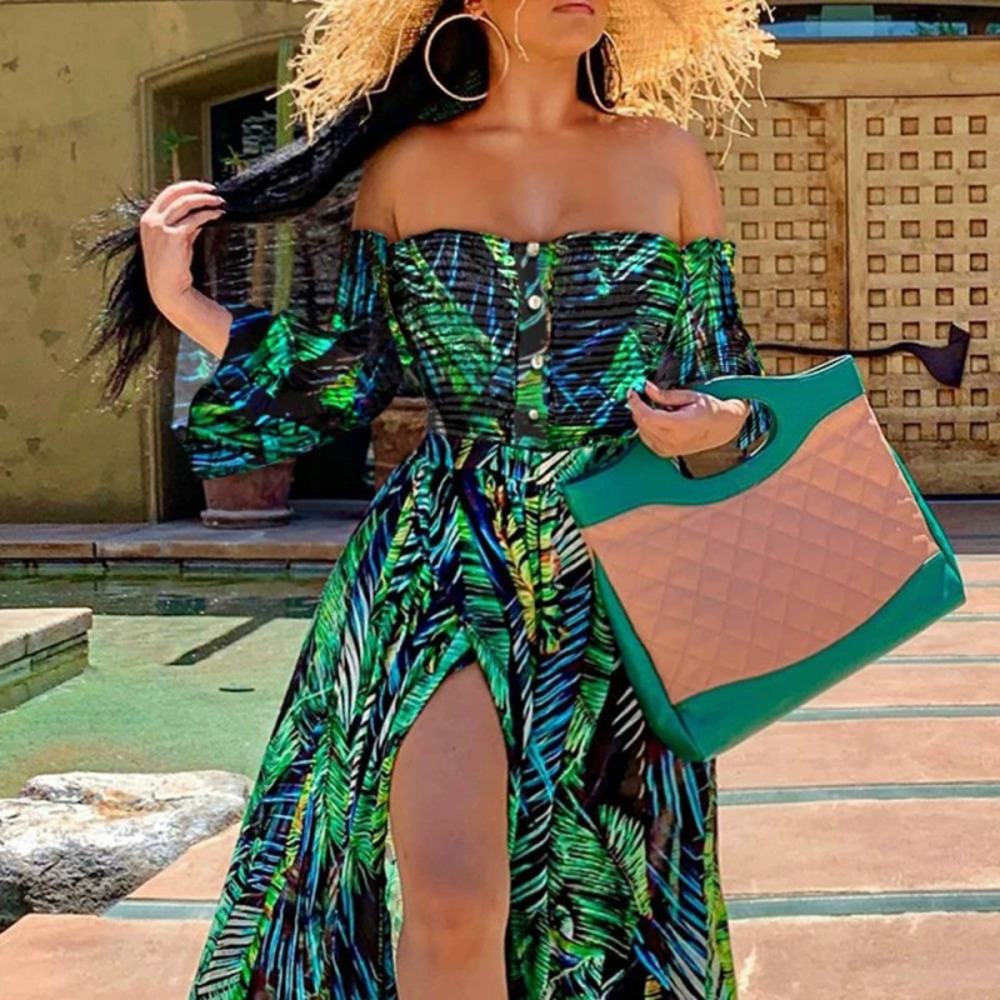 ZARA Summer Fashion Sexy Tube Top Print Slit Floor Length Flared Dress